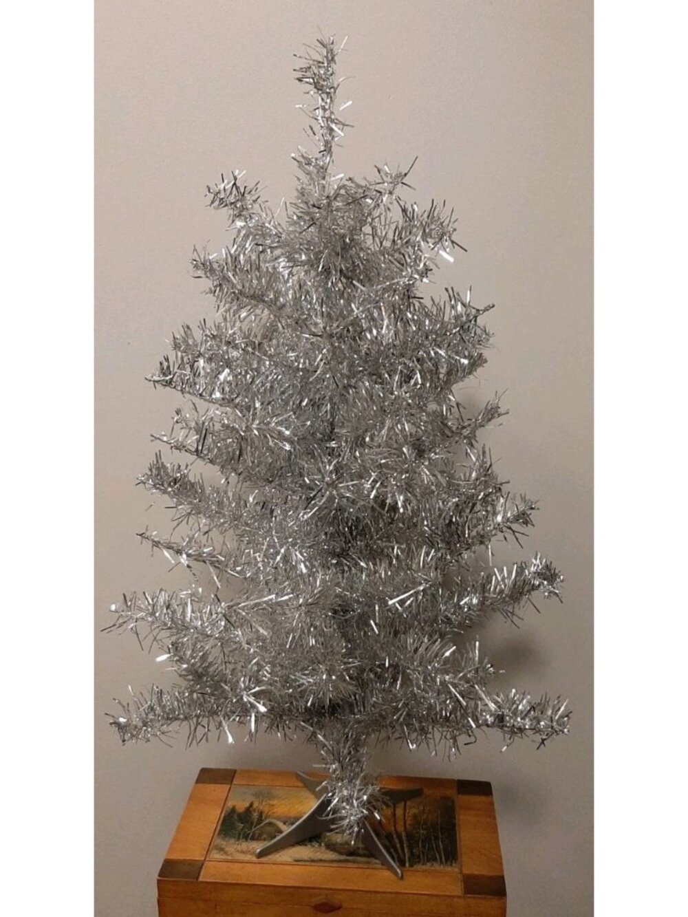 Vintage Silver Tinsel Christmas Tree 24 Inch Tall Great Condition Plastic Base